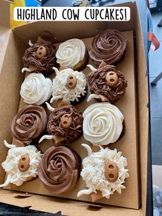 a box filled with lots of cupcakes covered in chocolate frosting and flowers