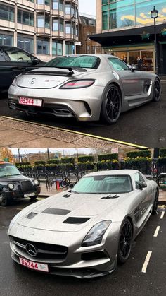 two different views of a silver sports car