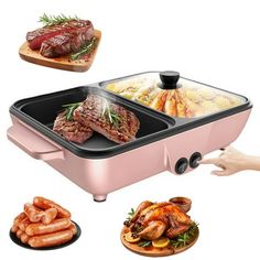 an electric food warmer with two trays full of meat and vegetables on the side