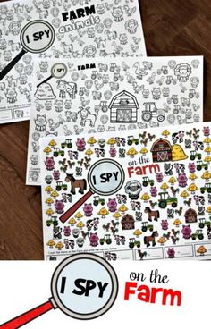 two farm themed coloring pages with the words i spy on them