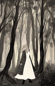 a drawing of a woman walking through the woods