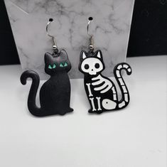 Brand New Black Cat And Skeleton Cat Earrings Halloween Black Cat Design Jewelry, Halloween Cat Design Earrings With Cat Ears, Black Cat Design Earrings For Halloween, Black Cat Ears Earrings For Halloween, Black Halloween Jewelry With Cat Ears, Black Cat And Skeleton, Cat And Skeleton, Skeleton Cat, Melty Beads