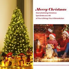 a christmas card with an image of a woman and child sitting next to a christmas tree