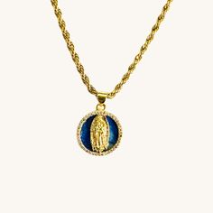 Our Blue Virgin Mary Necklace sits on an elegant rope chain that's waterproof for your lifestyle. Its dark blue pendant give it that flare it needs. The Virgin Mary symbol is commonly worn for protection. ✔Hypoallergenic ✔Quality Guaranteed ✔Waterproof ✔Handmade MATERIAL: Stainless steel dipped in real 18k gold, cubic zirconia COLOR: gold, dark blue SIZE: 18 inches unless otherwise requested Blue Medallion Jewelry With Adjustable Chain, Adjustable Blue Medallion Necklace, Mary Symbol, Blue Virgin Mary, Mary Necklace, Virgin Mary Necklace, Blue Pendant, The Virgin Mary, Rope Chain