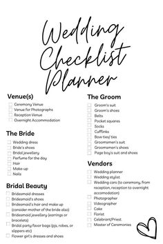 the wedding checklist planner is shown in black and white