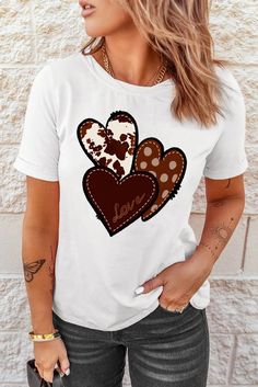 Express your style with our White Heart Graphic T-shirt. Made of 95%Polyester+5%Elastane, this casual tee features a heart-shaped pattern, perfect for Valentine's Day or the summer season. With a round neck, short sleeves, and a shift silhouette, it's lightweight and versatile for daily wear. Summer Casual Outfits, Heart Graphic, Collared Sweatshirt, Fashion Graphic, Red Star, Pink Sequin, Plus Size Top, White Heart, Family Outfits