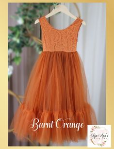 burnt orange flower girl dress in sleeveless mermaid style Burnt Orange Flower Girl Dresses, Orange Flower Girl, Fall Flower Girl Dresses, Dove Wedding, Orange Mermaid, Western Themed Wedding, Long Flower Girl Dresses, Burnt Orange Weddings, Thanksgiving Wedding