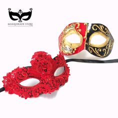 This couple's red, black, and gold masquerade mask pairing complements any formal attire you choose for your Christmas or New Years Eve masquerade Ball event. I N C L U D E D Available for purchase individually or as a couple's set. Masks come with matching double sided satin ribbons attached. Thank you for supporting small businesses and hope our products bring you and loved ones some joy and humor in these trying times. S H I P P I N G - Current processing times range 5-7 days. Pls note expedi Red Costume Accessories For Carnival, Red Theater Masks For Mardi Gras, Red Theater Mask For Mardi Gras, Red Masks For Mardi Gras Theater, Red Costume Accessories For Mardi Gras, Red Masks And Prosthetics For Mardi Gras Masquerade, Red Masks And Prosthetics For Mardi Gras Costume Party, Red Mask Costume Accessories For Carnival, Red Venetian Masks And Prosthetics For Costume Party