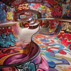 a skateboard park with graffiti all over the walls