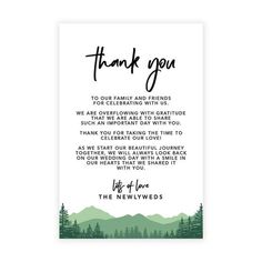 a card with the words, thank you and mountains in black ink on white paper