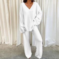 Season:Winter,Fall; Fabric:Fleece; Sleeve Length:Long Sleeve,Long Pant; Gender:Women's; Quantity:2 Pieces; Nightwear Style:Loungewear,Sets; Style:Comfort,Simple; Elasticity:Micro-elastic; Tops Type:Pullover; Occasion:Daily,Home; Age Group:Adults; Function:Warm; Pattern:Pure Color; Neckline:V Wire; Bottom Type:Pant; Listing Date:04/21/2023; Hips:null; Length [Bottom]:null; Length [Top]:; Shoulder Width:null; Waist:null; Fit US Size:null; Fit UK Size:null; Fit EU Size:null; Bust:; Sleeve Length:nu Batwing Sleeve Top, Two Piece Pants Set, Top And Pants Set, Long Sleeve Tops Casual, Loungewear Set, Bell Bottom, Mongolia, Sierra Leone, Women Set