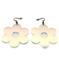 Iridescent acrylic laser-cut daisy earrings for raves and music festivals. Flower Earrings For Summer Parties, Summer Party Pierced Earrings, Trendy Summer Flower Earrings For Pierced Ears, Summer Party Clear Jewelry, Summer White Nickel-free Flower Earrings, White Nickel-free Flower Earrings For Summer, Trendy Pierced Earrings For Festivals, Fun Earrings For Spring Party, Trendy Summer Flower Earrings