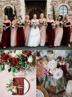 the bride and her bridals are all dressed in burgundy, white and gold