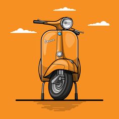 an orange scooter is parked in front of the sky with clouds on it