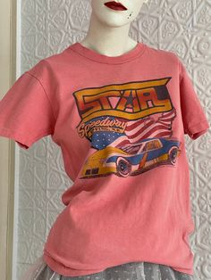 "The perfect distressed 1980s single stitch tee-red to pink faded glory- Epping, NH Star speedway # 1 Double sided with different cars in each side. As is condition. Perfect patina. Faded. Marks. Small holes. Wearable and cotton is strong. Tag has been cut out. Marked Arizona Sport Shirts, 1989 Approx women's size med/men's small Measures Chest 36\" Length 25\" shoulder 16\" Please message me with questions prior to purchasing. All sales are final and ship quickly from our Vermont shop. Find us Red Race, Groom Wedding Cakes, Sport Shirts, Racing Shirts, Beautiful Hats, Faded Glory, Vintage Summer, Double Face, Sports Shirts