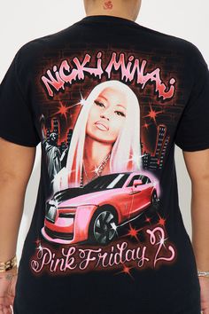 Available In Black Wash. Tshirt Crew Neck Short Sleeve Front And Back Screen Pigment Washed Stretch Disclaimer: Due To The Screen Printing Process A Difference In Saturation May Occur. Each Garment Is Unique. 100% Cotton Imported | Nicki Minaj Pink Friday Tour Tee Shirt in Black Wash size Medium by Fashion Nova Y2k Crew Neck T-shirt For Night Out, Crew Neck T-shirt With Letter Print For Night Out, Y2k Black Top With Front Print, Black Y2k Top With Sublimation Print, Y2k Graphic Print Club Tops, Graphic Cotton T-shirt For Night Out, Trendy Short Sleeve T-shirt For Club, Edgy Letter Print T-shirt For Night Out, Y2k Short Sleeve Club T-shirt