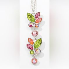 This Is So Fresh And Pretty- New For 2023. The Bountiful Blooms Necklace Is Crafted Out Of Rhodium Plated Silver With Crystals Hand Set In Citrus, Light Rose, Aurore Boreale, Orange Glow Delite, Rose And Rose Shimmer. The Pendant Is 2.5 Inches Long And Comes On An Adjustable Chain That Zips To Any Length 15-20 Inches. New In Box Retail $129 Multicolor Rhinestone Crystal Necklace As Gift, Green Jeweled Rhinestone Crystal Necklace, Green Jeweled Crystal Rhinestone Necklace, Swarovski Lilia Necklace, New For 2023, Nickel-free Multicolor Crystal Necklace Gift, Orange Glow, Swarovski Crystal Hearts, Halo Necklace