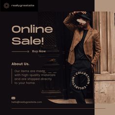 a man standing in front of a building with his hand on his head and the words online sale written below him