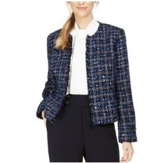 Calvin Klein Petite Tweed Open-Front Jacket Blue 12p Nwt! $139 Layer With Ease When You Wear This Petite Jacket From Calvin Klein. Styled With An Open Front, This Tweed Collarless Piece Is Finished With Frayed Edges Approx. 19" Long Collarless; Open Front Frayed Edges; No Pockets; Shoulder Pads Rayon/Spandex Dry Clean Imported Color: Navy Style: T9dj8202 Condition: Brand New With Original Retail Tags. Retail: $139 Black Denim Vest, Plaid Suit Jacket, Stylish Petite, Womens Tweed, Blue Tweed, Plaid Suit, Open Front Jacket, Petite Jacket, Klein Blue