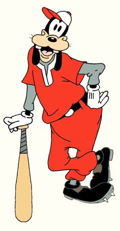 an image of a cartoon character holding a baseball bat and wearing a red outfit with black shoes