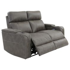 the reclining loveseat has two seats and is made out of grey leather