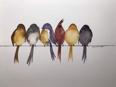 five birds are sitting on a wire and one is painted in watercolor