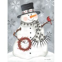 a snowman with a wreath and a bird