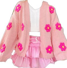 Cute Pink Knit Outerwear, Pink Long Sleeve Cotton Cardigan, Trendy Pink Cardigan For Spring, Spring Acrylic Sweater, Cute Pink Summer Sweater, Cute Pink Sweater For Spring, Pink Long Sleeve Floral Print Cardigan, Pink Floral Print Long Sleeve Cardigan, Long Sleeve Pink Floral Print Cardigan