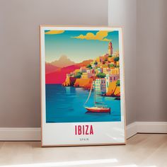 there is a poster on the floor in front of a wall that says ibiza