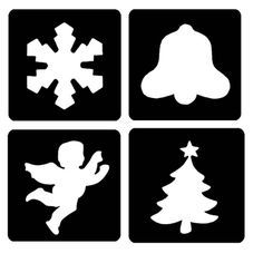 four square black and white silhouettes with snowflakes, christmas tree, angel