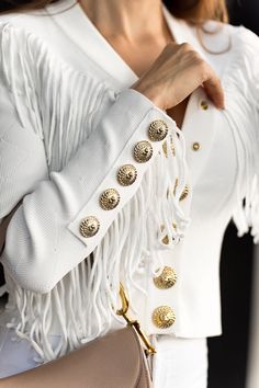 Color white Front button closure Fnap-buttoned front Fringed trim Fitted style Gold tone buttons Model wears size S Front Fringe, Cowgirl Chic, Fitted Style, White Cardigan, Fringe Trim, Gold Buttons, Wild West, Free Spirit, Knit Cardigan