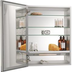 an open medicine cabinet with bottles and soaps