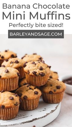 banana chocolate chip muffins on a plate with text overlay that reads, how to make banana chocolate chip mini muffins perfectly bite sized