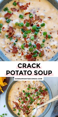 two bowls filled with potato soup and topped with bacon