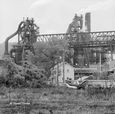 black and white photograph of an old factory