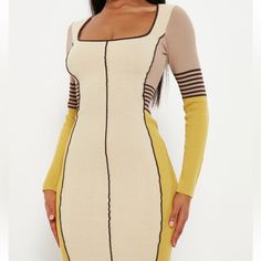 Nwt Fashionnova Zarita Knit Midi Dress - Cream/Combo Size: Large Beige Knit Bodycon Mini Dress, Cream Ribbed Knit Dress, Ribbed Square Neck Dresses For Winter, Ribbed Square Neck Winter Dresses, Winter Ribbed Square Neck Dress, Beige Square Neck Mini Dress For Fall, Fall Beige Mini Dress With Square Neck, Cream Knitted Fitted Sweater Dress, Fitted Knitted Sweater Dress In Mini Length