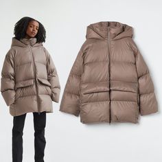 H&M  Oversized Down Coat in Taupe Concept: Trend   /   Quality: Premium Selection   Size: XS Oversized, relaxed-fit jacket in nylon with 80% down and 20% feather fill. Hood with zipper, stand-up collar, and two-way zipper at front with anti-chafe chin guard. Dropped shoulders, internal drawstring at back of waist, and front pockets with flap and zipper. Lined.   Shell: Polyamide 100% Padding: Down 80%, Feather 20% Lining: Polyamide 100%  Art. No.1011879002 Oversized Duck Down Outerwear For Fall, Fall Down Puffer Parka, Oversized Duck Down Parka For Fall, Spring Puffer Outerwear With Duck Down, Oversized Duck Down Puffer Jacket, Fall Puffer Jacket With Detachable Hood And Duck Down, Oversized Spring Puffer Parka, Oversized Nylon Puffer Jacket With Pockets, Duck Down Puffer Parka For Fall