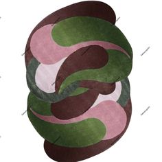 an abstract painting with pink, green and brown shapes on it's surface in the shape of a snake