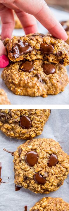 chocolate chip cookies on top of each other in different stages of being dipped with melted chocolate