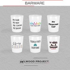 six shot glasses with different designs on them