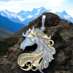 Sterling silver 925 horse pendant with  ,  gold vermeil and white topaz. Equine jewelry. Makes a stunning gift for a horse lover. I personally make this pendant in my workshop.  I buy the silver bars and cast each piece by hand. Elegant Sterling Silver Jewelry With Horse Design, Formal Horse Design Pendant Jewelry, Equine Jewelry, Gold Pendant Necklace With Horse Design, Horse Design Pendant Jewelry Gift, Elegant Horse Design Pendant Jewelry, Classic Horse Design Pendant Necklace, Horse Pendant, Key West Fl