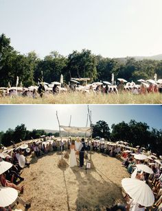 there are many people in the field with umbrellas