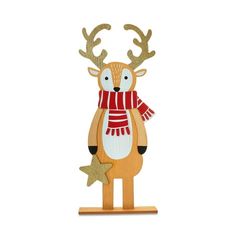 a wooden reindeer with a scarf and star