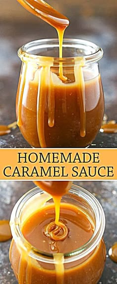 homemade caramel sauce is being poured into a glass jar with the words homemade caramel sauce in it