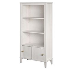 a white bookcase with two drawers on one side and an open drawer on the other