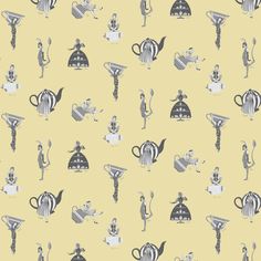 a yellow background with black and white teapots, kettles, and people