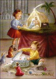 an old fashioned christmas card with two children opening a gift box in front of a nativity scene