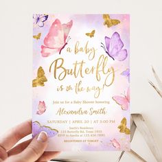 a baby is on the way pink and gold butterfly baby shower card with glitter butterflies