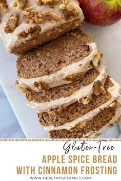 sliced apple spice bread with cinnamon frosting on a cutting board