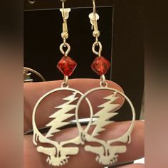 Grateful Dead Steal Your Face Hanging Earrings, Artisan Handmade With Love. Red Bead & Silver. One Of A Kind! Nickel Free Red Jewelry Gift, Nickel Free Red Jewelry As Gift, Nickel-free Red Jewelry Gift, Nickel-free Red Jewelry For Gifts, Red Jewelry For Pierced Ears As A Gift, Red Nickel-free Jewelry For Valentine's Day, Nickel Free Red Jewelry For Valentine's Day, Red Beaded Sterling Silver Earrings, Nickel-free Red Jewelry For Valentine's Day